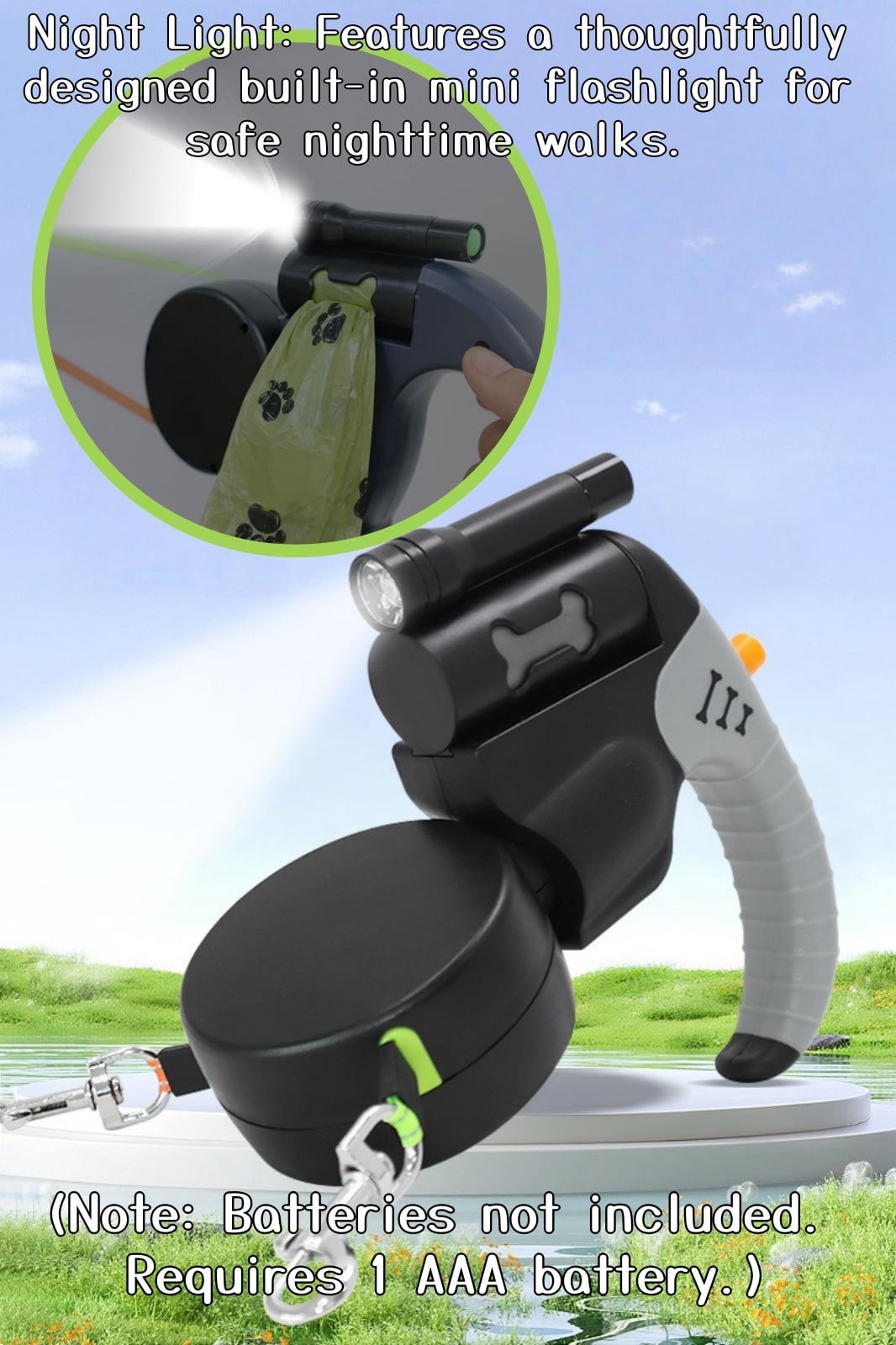 Retractable Double Dog Leash, Tangle-Free, LED Light, Poop Bag Holder, One-Handed Brake, Reflective