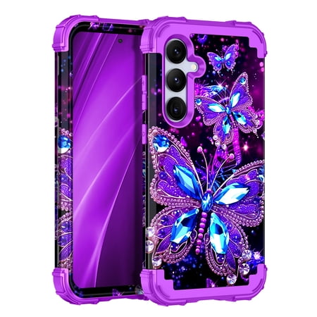 Meshine Phone Case for Samsung Galaxy S25 5G,Glow in The Dark Heavy Duty Sturdy Shockproof Protection Rugged Hard PC+Soft TPU Bumper Case for Women Girls,Purple Butterfly