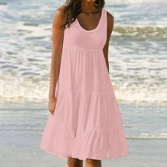 LEKWK Sundresses for Women Sleeveless Scooped Neck Knee Length Dress Tiered Dress Loose Fit Fit-and-Flare Dress Summer Dresses Beach Vacation Casual Wear