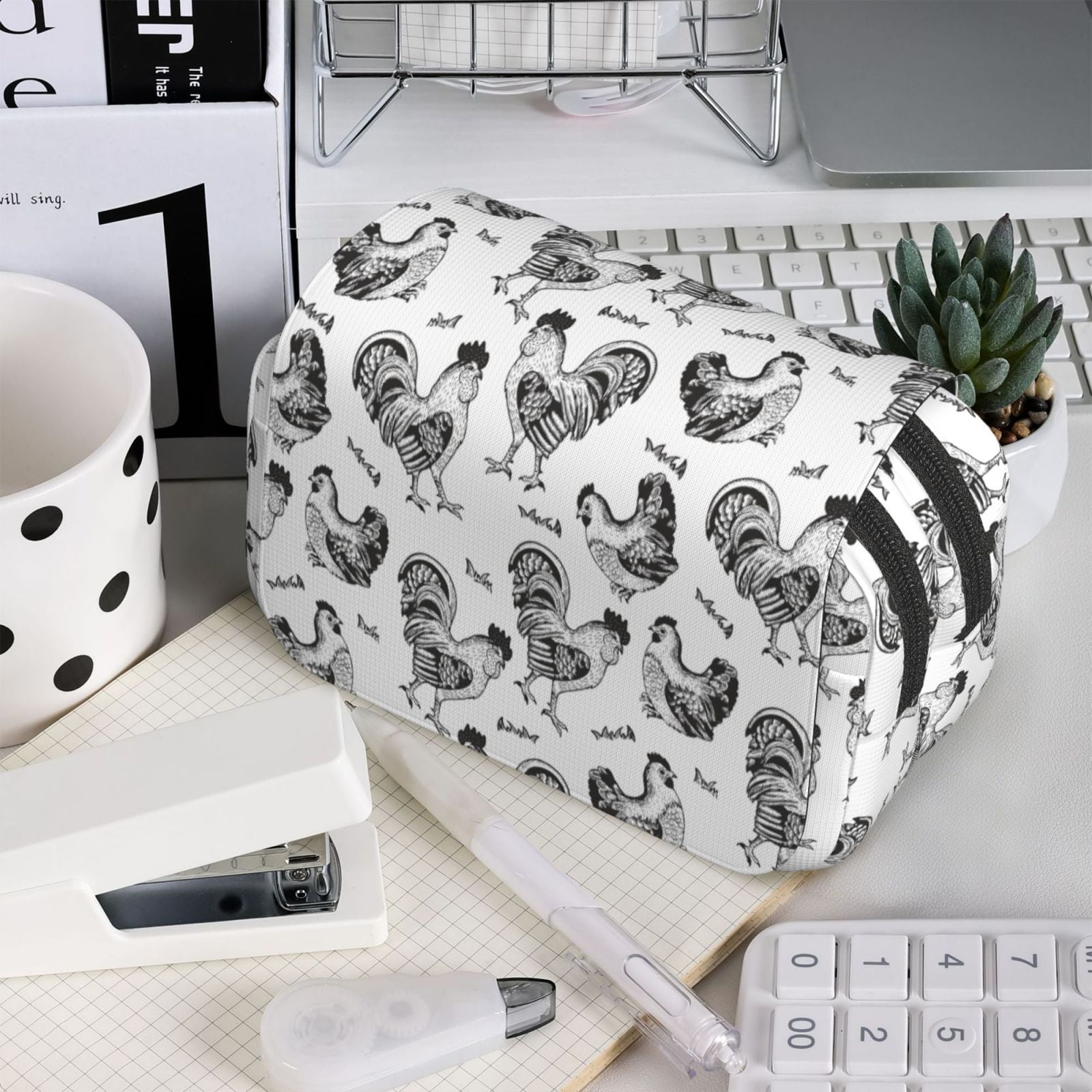 Rateoe Retro Rooster Pattern Double Clamshell Pen Case, Storage Organizer with Two Zipper Compartments– Holds Up to 50 Pencils & Pens