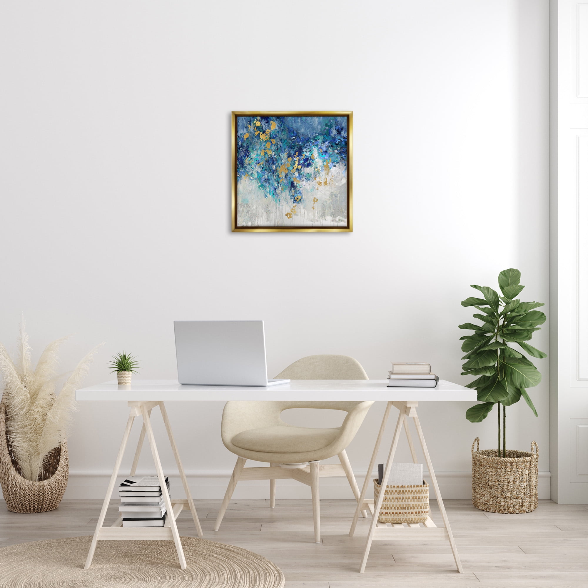 Stupell Industries Abstract Blue Gold Paint Design Abstract Painting Gold Floater Framed Canvas Art Print Wall Art, 25 x 25