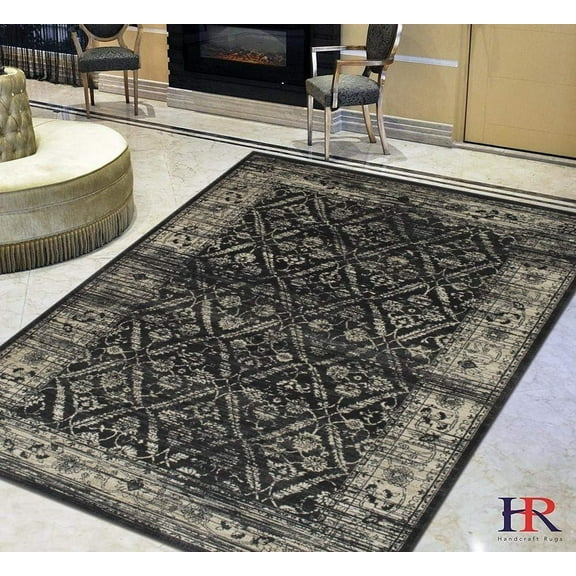 Beige/Black Persian Zigler Allover Pattern Distressed – Modern Vintage Area Rug