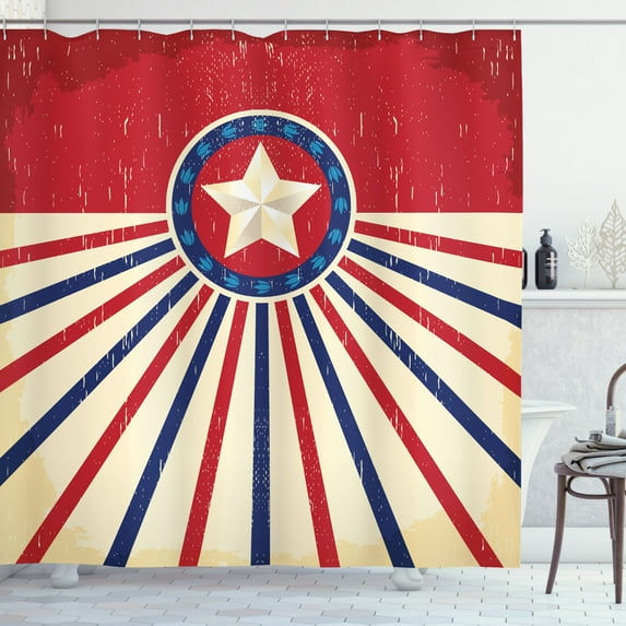 Texas Star Shower Curtain, Vintage Stripes and Grunge Liberty and Freedom Themed USA Image, Fabric Bathroom Set with Hooks, 69W X 75L Inches Long, Vermilion Beige Navy Blue, by Ambesonne