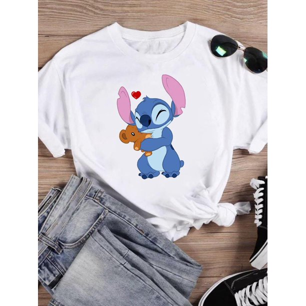 Disney Watercolor Lovely Style Short Sleeve Women Print Clothing Stitch Casual Tee Shirt Fashion Cartoon Graphic T-shirtsM Gao Jinjia LED
