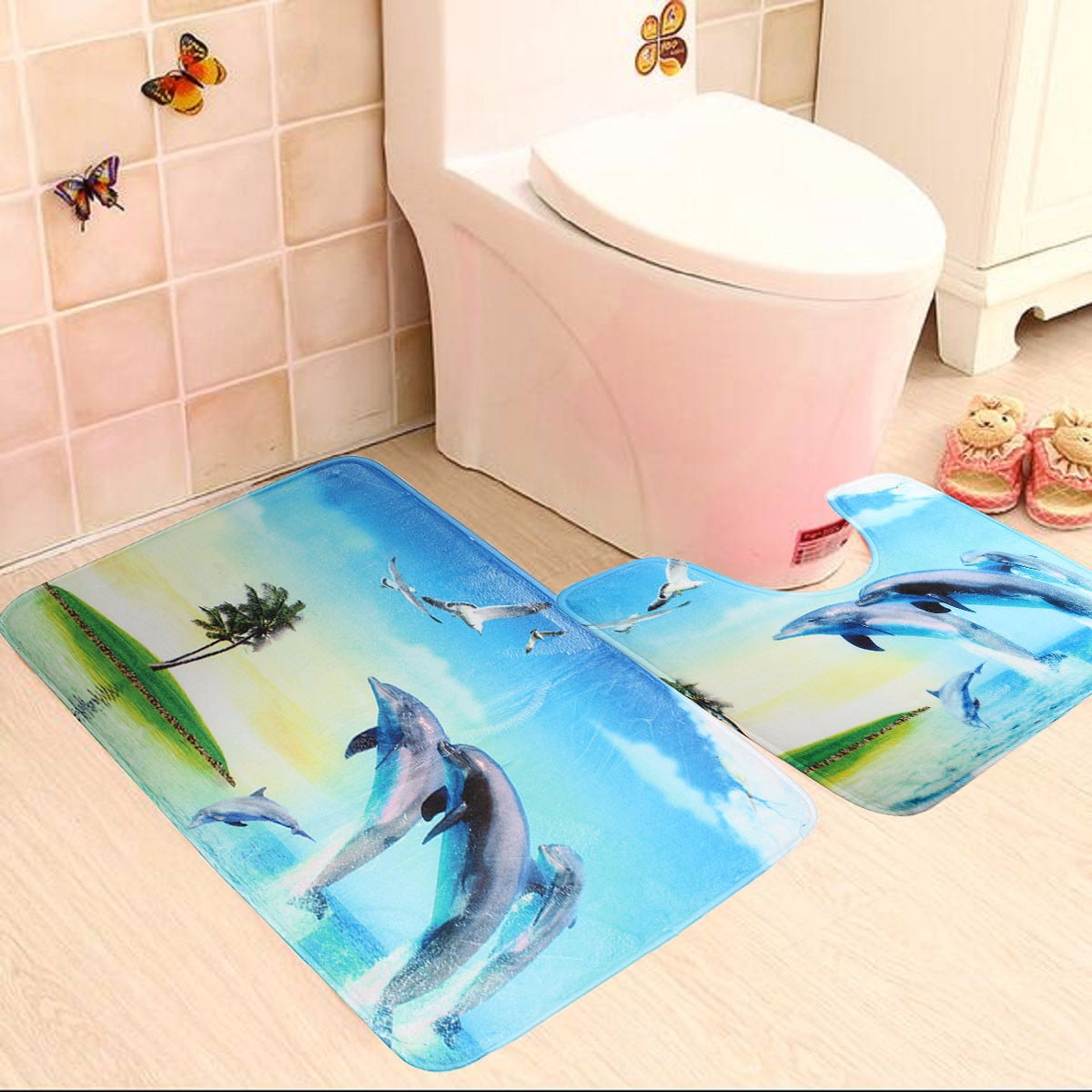 2 Piece Bath Pedestal Mat Rug Sets Non Slip Dolphin Bathroom Set