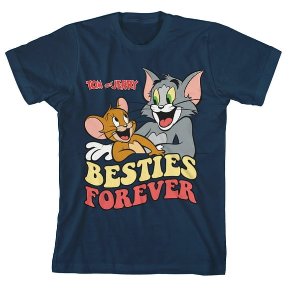 Tom & Jerry Besties Forever Retro Text Crew Neck Short Sleeve Navy Boy's T-shirt-XS