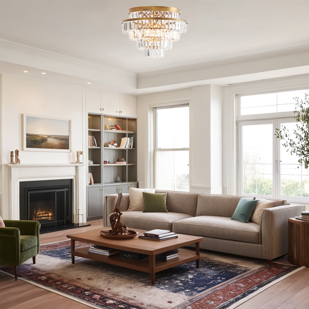 Mordern Round Antique Brass Crystal 17.75 Inch Flush Mount Light, Unique Elegant Semi Flush Mount, Hand-polished Ceiling Light, Close to Ceiling Light for Bedroom, Living Room, Dining Room