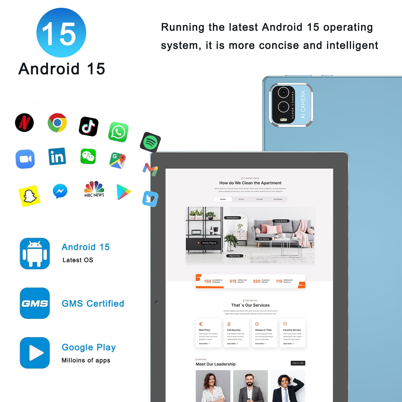 Peicheng 10" Android 15 Tablet, 10(4+6Expand)GB RAM+64GB ROM Tablet Kit with Protective Case/Stylus, 2+8MP Dual Camera, 6000mAh Battery (1set, Silvery-blue)
