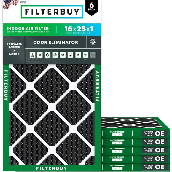Filterbuy 16x25x1 MERV 8 Odor Eliminator Pleated HVAC AC Furnace Air Filters with Activated Carbon (6-Pack)