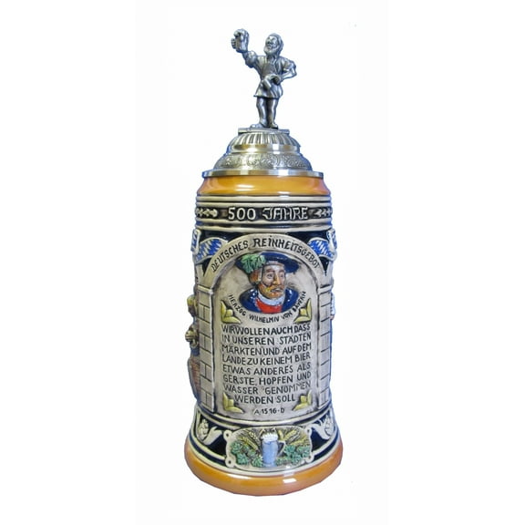 German Beer Stein 500 Years Beer Purity Law 1 liter tankard, beer mug KI 519/F 1L