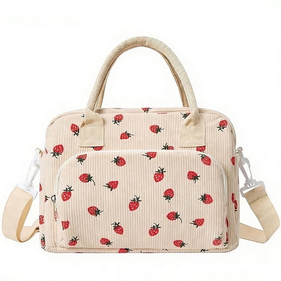 GlamourGaze Large Insulated Lunch Bag for Women Quilted Strawberry Print Reusable for Work Picnic Travel School off white