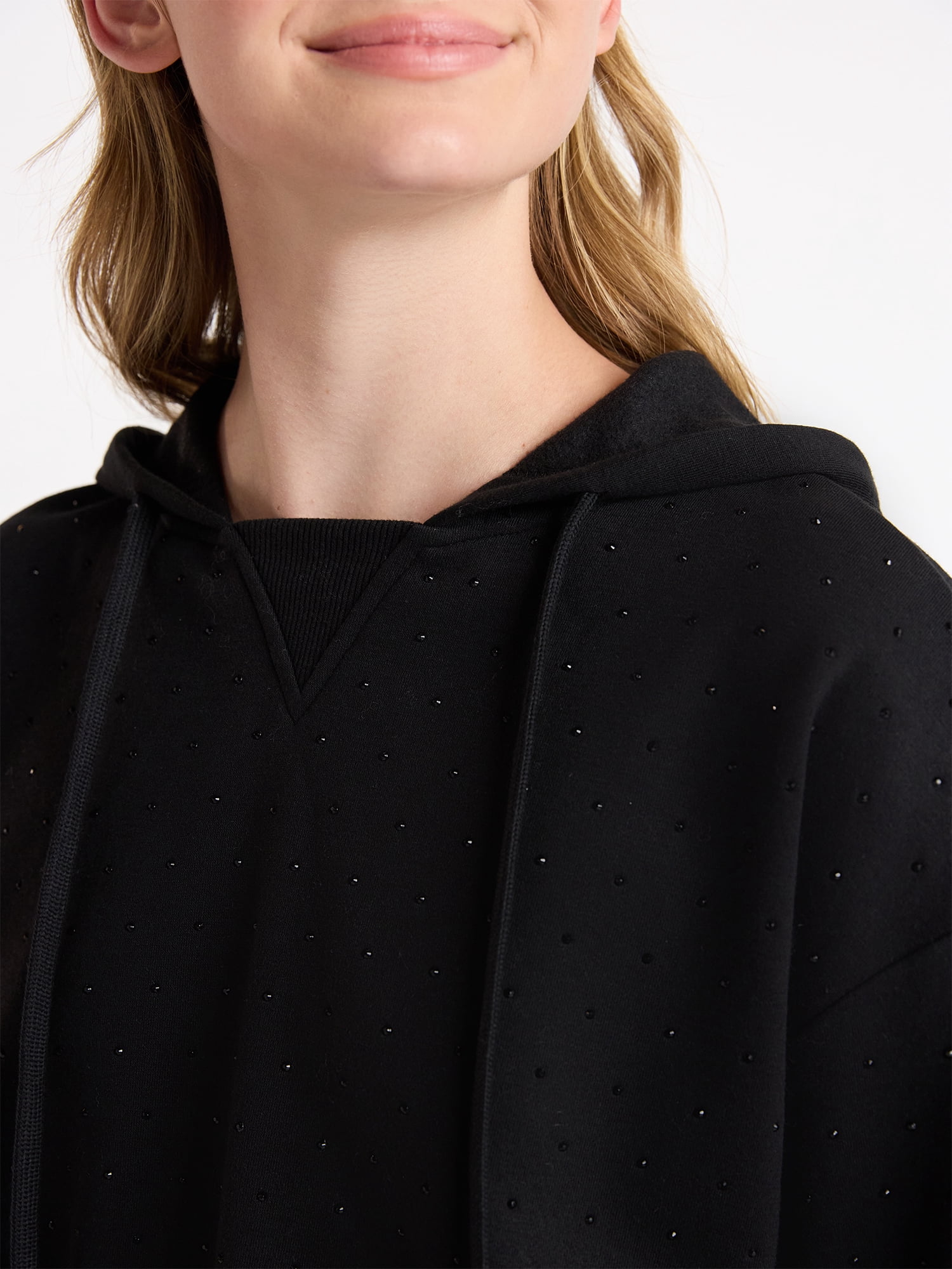 No Boundaries Faux Rhinestone Cropped Hoodie and Shorts Set, 2-Piece, Women’s