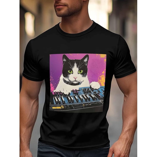 Camiseta de manga corta para hombre, estilo casual, con estampado de acuarela y gato musical, cuello redondo.