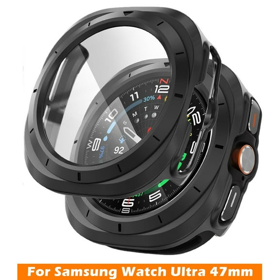 AYAMAYA For Samsung Galaxy Watch Ultra 2025 47mm, Full Coverage Hard PC Case with Glass Screen Protector for Galaxy Watch 7 Ultra, Black