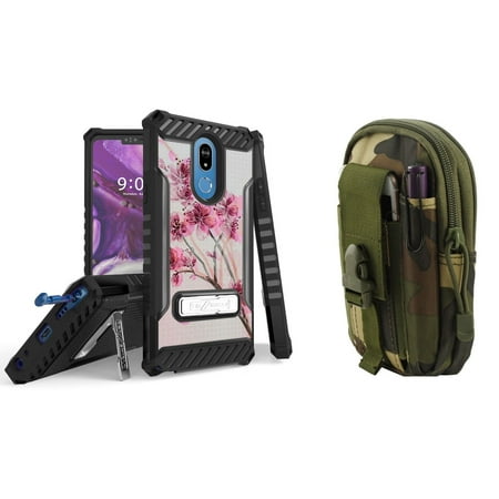 BC Tri Shield Series Compatible with LG Stylo 5 (2019) Case Military Grade Certified Rugged Cover (Cherry Blossom) with Tactical MOLLE Organizer Travel Pouch (Jungle Camo) and Atom