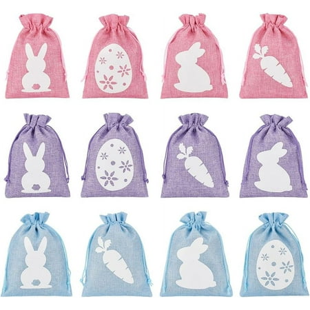 24Pcs 3 Colors Drawstring Gift Bag Easter Storage Pouches Easter Bunny Egg Cloth Bag with Drawstring for Easter Party Gift Candy Egg Wrapping Storage 7x5 Inch