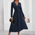 thumbnail image 2 of WTOBBY Women's Fashionable Solid Color V-Neck Long Sleeved Pleated Long Dress - Elegant and Flowy Dress with Pleated Details, Great for Evening Events or Casual Days,Navy 2XL, 2 of 7