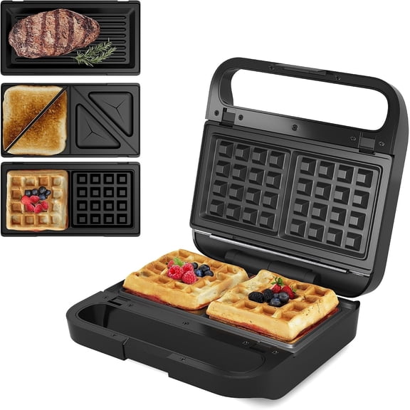 3-in-1 Electric Sandwich Maker and Waffle Grill, 850W Panini Press with Removable Non-Stick Plates and Tempered Glass Top, Compact for Small Kitchens