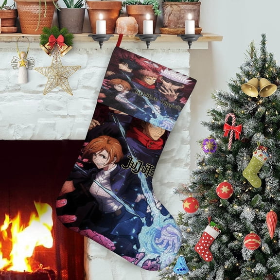Jujutsu Kaisen-theme Christmas Stockings,Fine white linen for Stairs Fireplace Hanging Xmas Home Decor Christmas gift17.7"X12.6"(45cm×32cm)