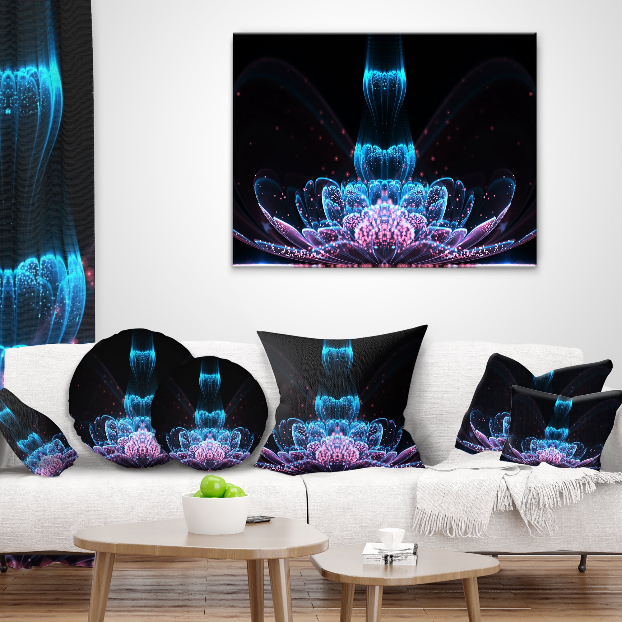 Designart Fractal Flower Blue Purple Digital Art - Floral Throw Pillow - 16x16