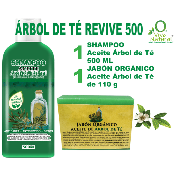 ÁRBOL DE TÉ REVIVE 500 PACK VIVONATURAL SHAMPOO ACEITE DE ÁRBOL DE TÉ 500 ML Y JABÓN ORGÁNICO DE ACEITE DE ÁRBOL DE TÉ DE 110 g