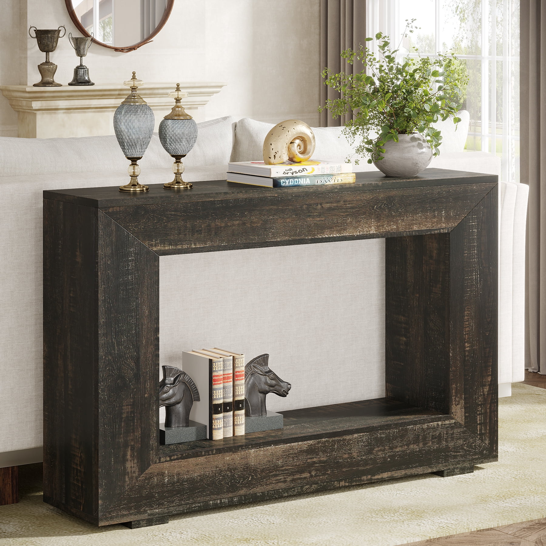 Finmind 47" Farmhouse Console Table, Industrial Entryway Console Table with Storage, Wood Accent Table for Hallway, Living Room, Entrance