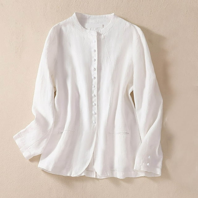 AherBiu Women's Linen Jackets Button down Crew Neck Casual Loose Slim Fitted shacket Top Jacket