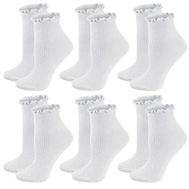 Dagugfen 6 Pairs Ruffle Socks Solid Color Knit Absorbing Breathable Comfy Casual Crew Socks for Women