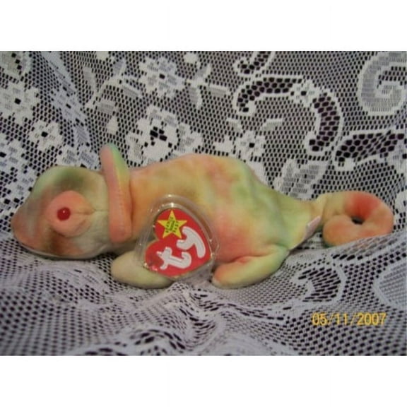 TY Beanie Baby RAINBOW the Chameleon tye-dye Iguana (with Rainbow tags, no frills on back)
