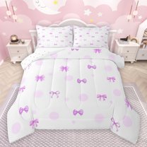 jejeloiu Kawaii Ribbon Bow Queen Comforter Set,Cute Bowtie Bowknot Bedding Sets,Purple Geometric Circle Bedding Comforter Set For Kids,Microfiber Bedroom Decor Reversible,3-Piece