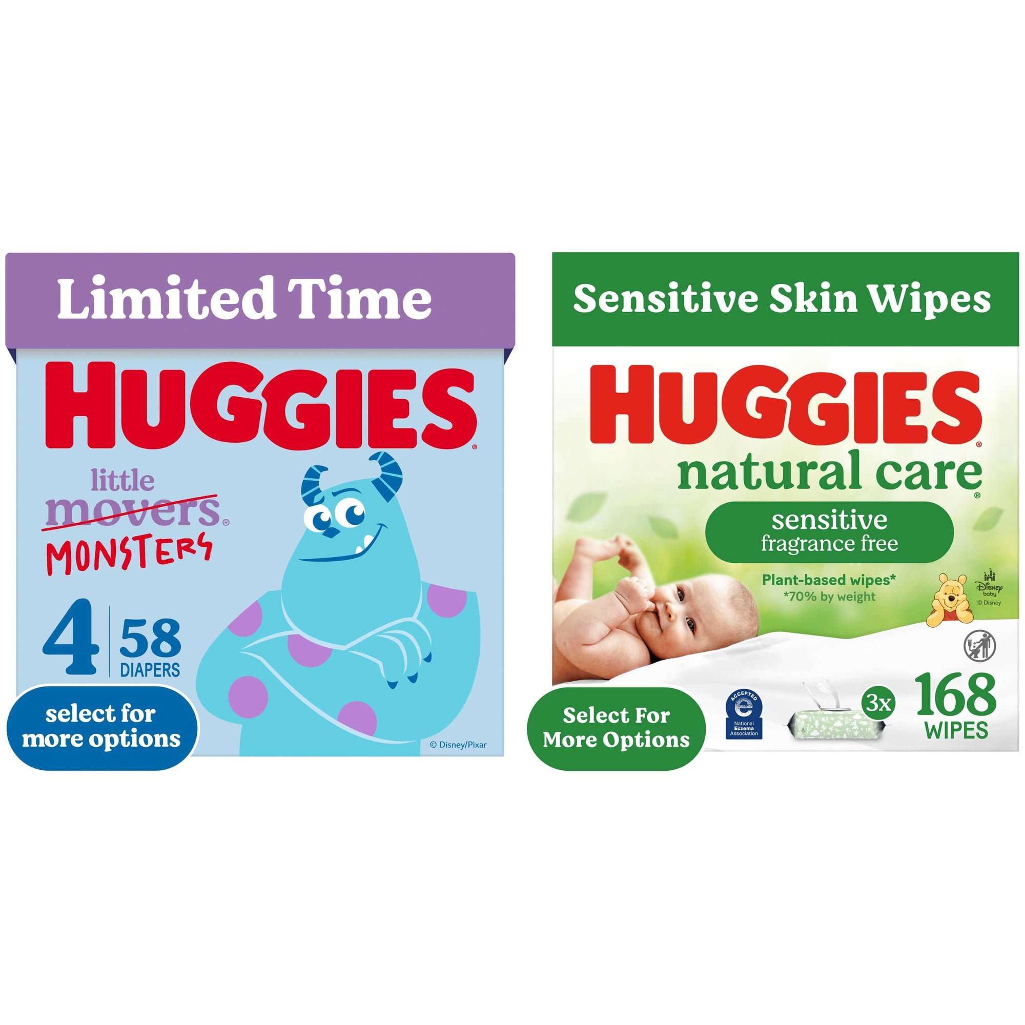 Huggies Little Movers, Little Monsters Edition Baby Diapers, Size 4, 58 Count & Huggies Natural Care Wipes, 168 count Bundle
