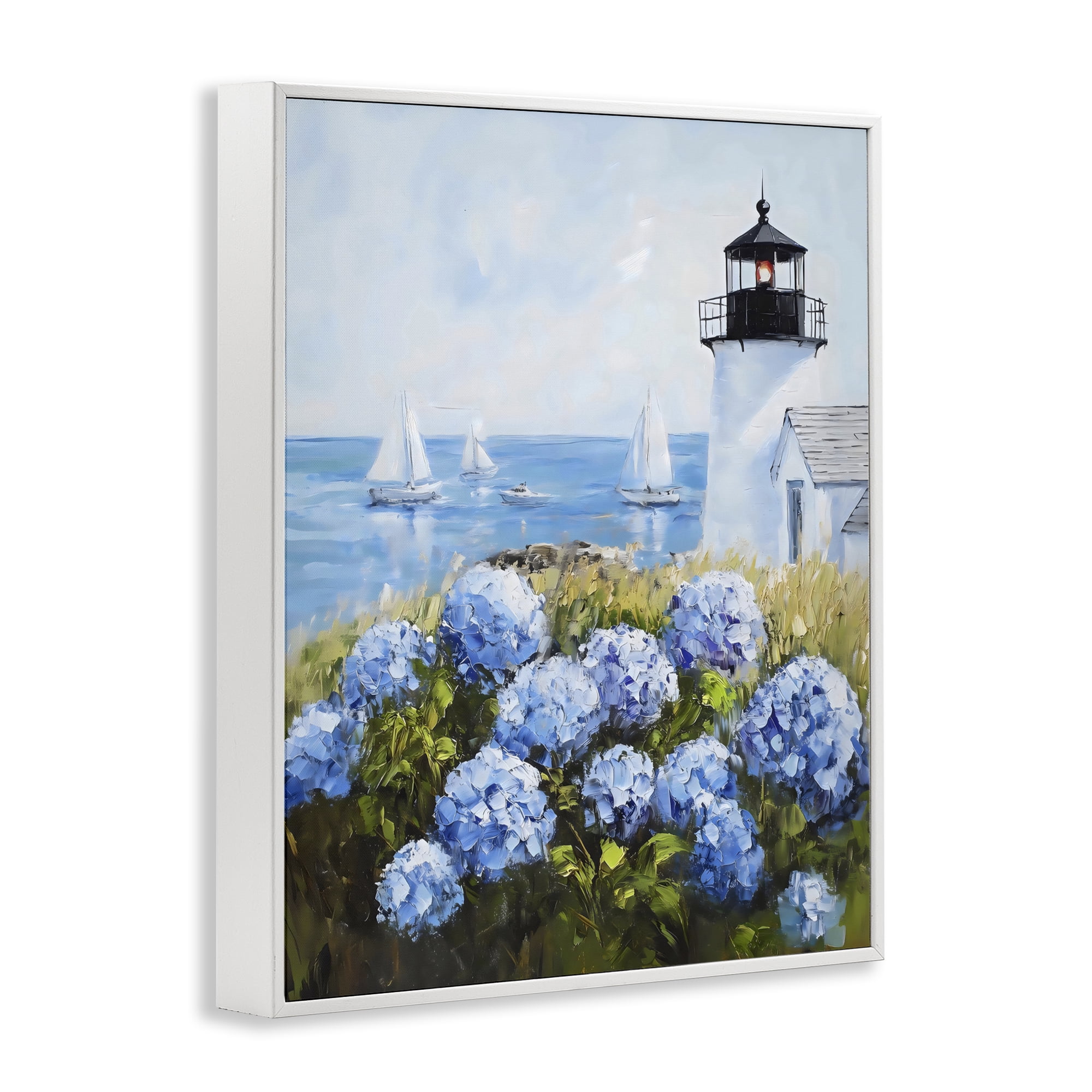 Stupell Industries Lighthouse Surrounded by Hydrangeas White Framed Giclee Art, design by Arlington Prints