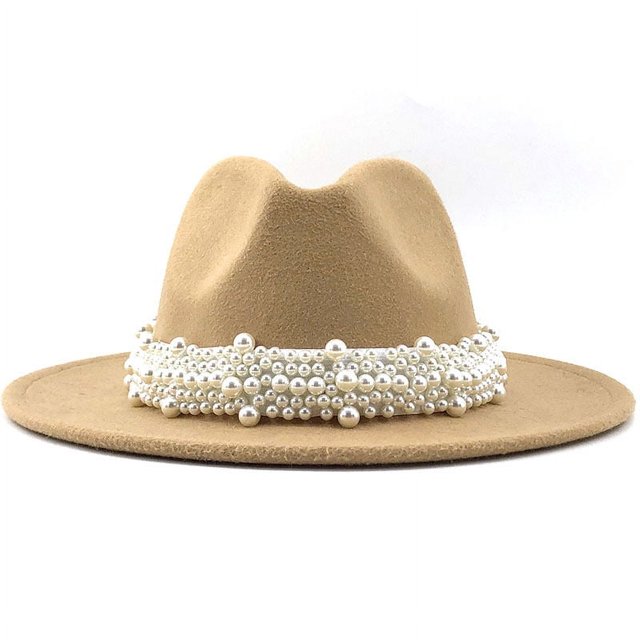 Sombrero de jazz elegante de estilo británico de moda, sombrero de copa de perla, sombrero de lana para mujer.