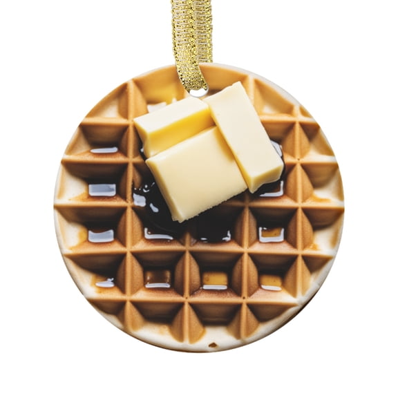 Waffle with Maple Syrup and Butter Cute Food Themed Double Sided Ceramic Foodie Novelty Holiday Christmas Xmas Ornament Gift (Flat Printed Design, NOT 3D)