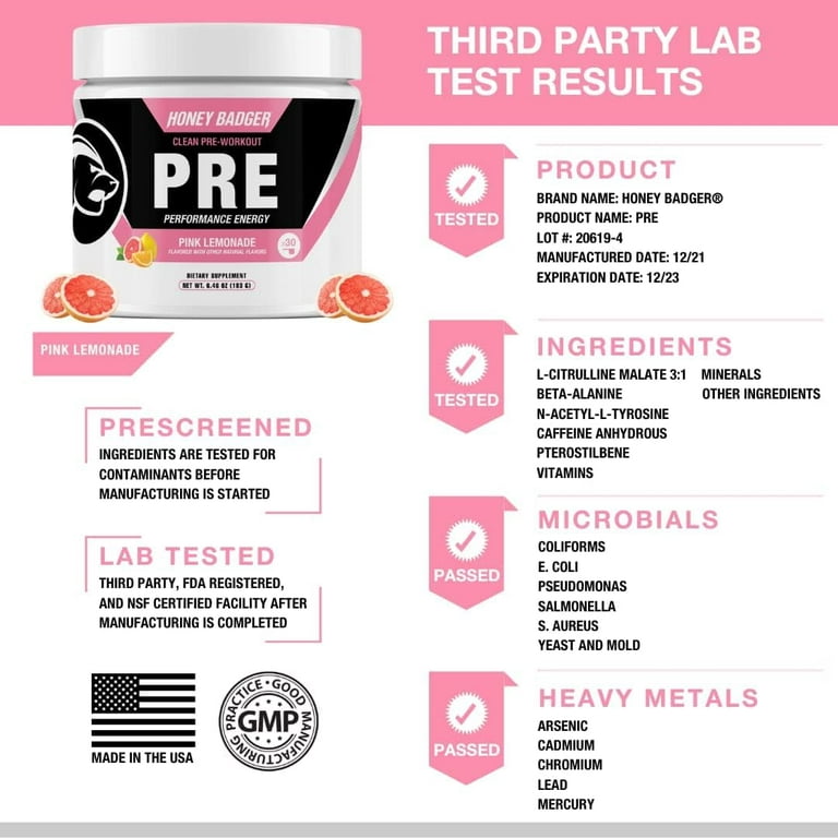 Honey Badger Pre Workout Powder | Vegan Keto Pink Lemonade Preworkout | Natural Energy for Men & Women | Beta Alanine, Caffeine & Vitamin C for Immune