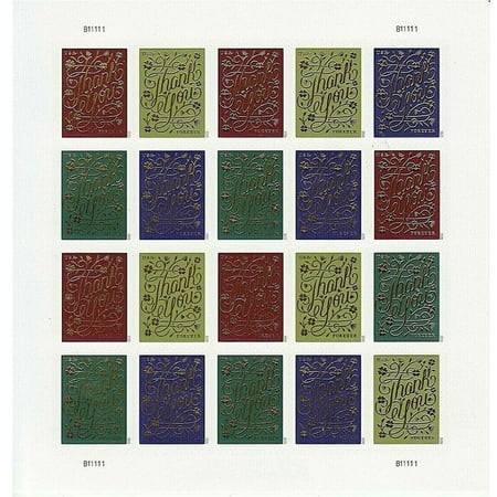 Thank You USPS Forever Postage Stamp 1 Sheet of US First Class Postal Wedding Holiday Celebration Gratitude Gift Appreciation Thoughtful (20 Stamps)