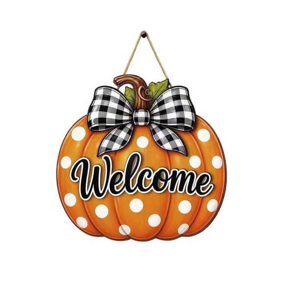 Fall Pumpkin Front Door Sign Rustic Pumpkin Thanksgiving Welcome Door Decorations Wood Sign Autumn Harvest Wreath Door Hanger Buffalo Plaid Bow Plaques Wall Hanging Decor for Home Proch Yard
