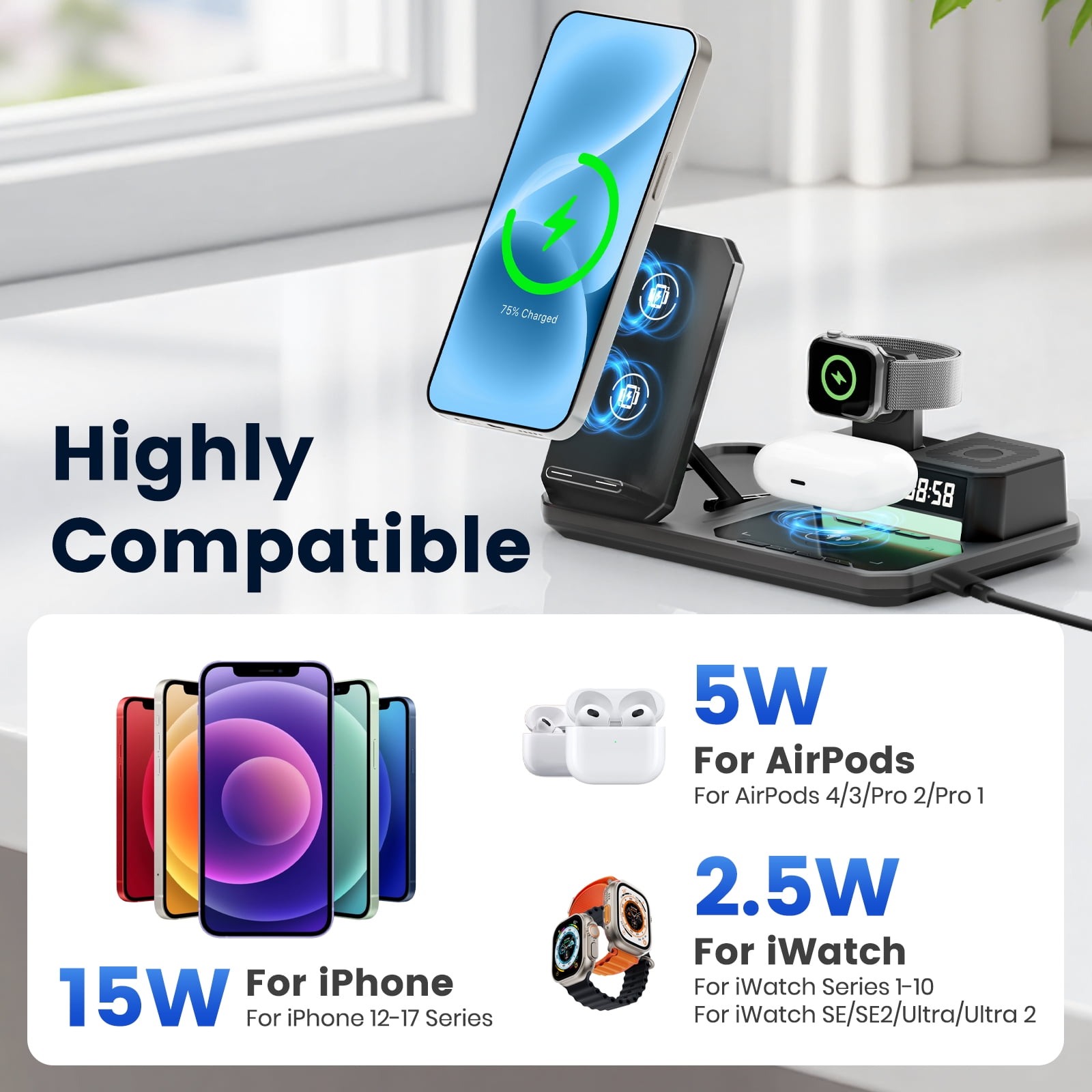 Wireless Charger for iPhone 17 16 15 14 13 12, 6 in 1 Charging Station for iWatch Series, for AirPods 4 3 2, with Clock, Bluetooth, Ambient Light