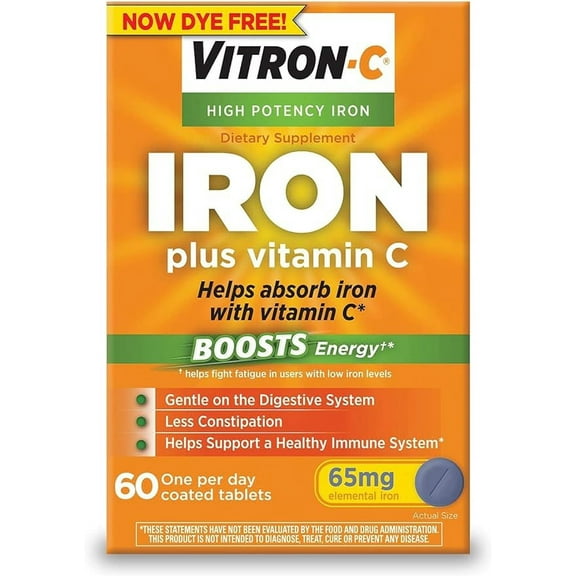 Vitron-C High Potency Iron Plus Vitamin C, Helps Absorb Iron, Gentle on Digestive System, Less Constipation, 60 Coated Tablets