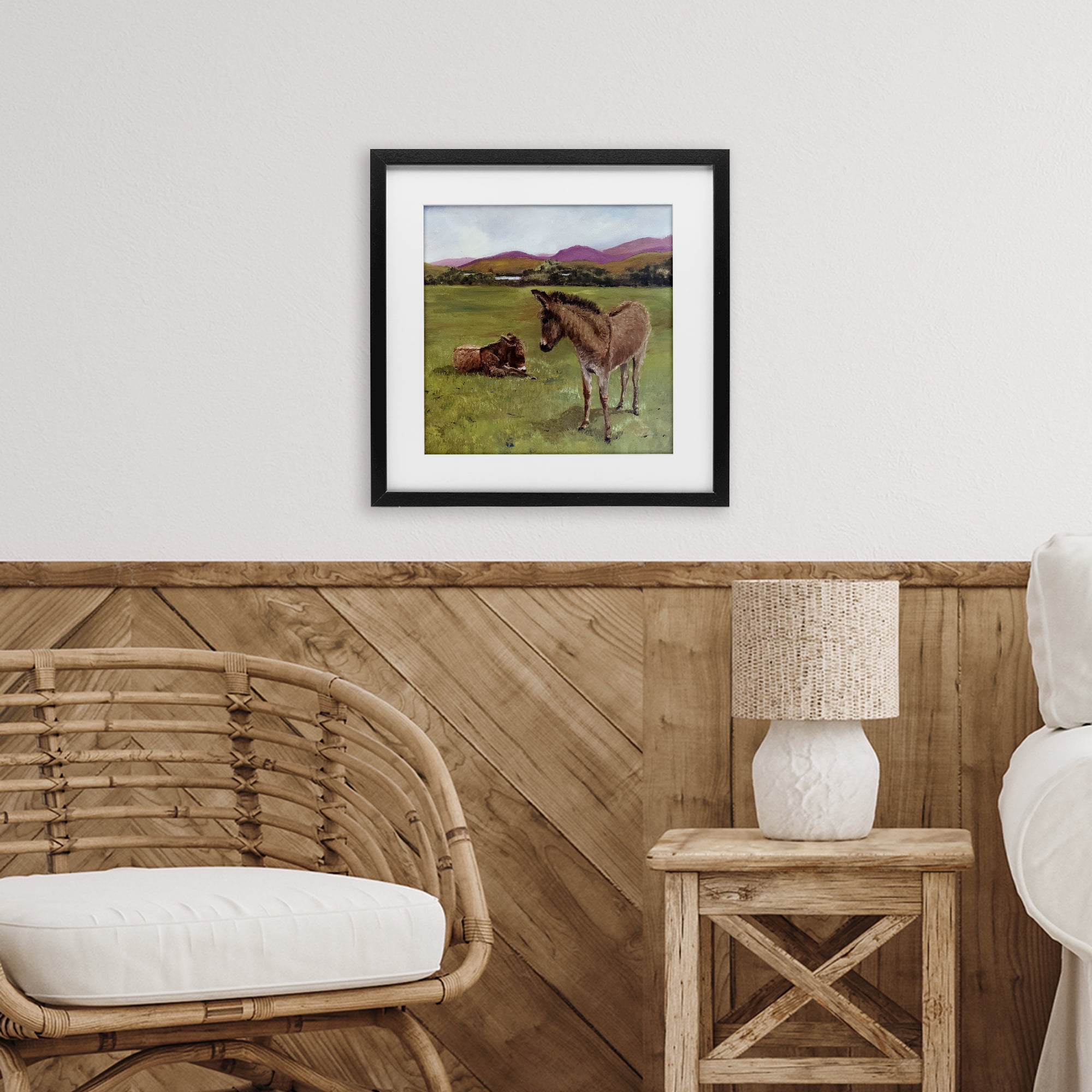 Donkey Duo in Pasture Black Framed Print Under Glass, design by Patricia Reynolds