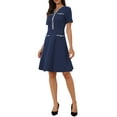 thumbnail image 2 of INSPIRE CHIC Women's Dress Work V Neck Short Sleeves Tweed Trim Dressy Office A-Line Dress M Dark Blue, 2 of 6