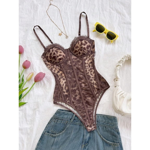 Brown-3 Leopard Print Lace Bustier Bodysuit With Spaghetti Straps