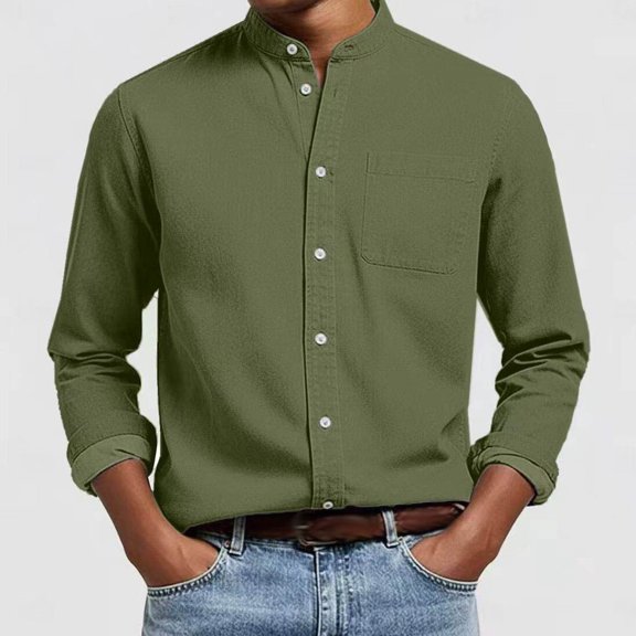 Dolkfu Business Men's Shirts Casual Band Collar Button Down Dress Shirt Pocket Long Sleeve Mens T Shirt L