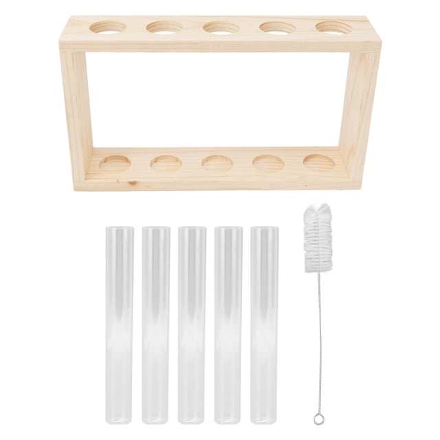 Terrario transparente para plantas, 5 tubos de ensayo, para observar el estado de crecimiento, soporte para plantas de agua con soporte de madera para registros de hierbas
