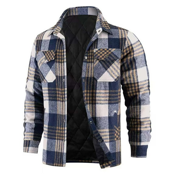 S-5X Plus Size Mens Big & Tall Quilted Jackets with Pockets Button-Down Coats Long Sleeve Lapel Casual Plaid Printed Thermal Warm Work Shirt Jacket