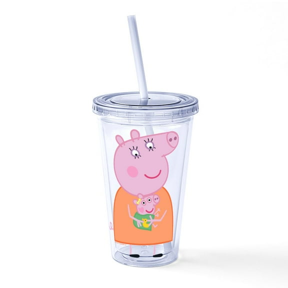 CafePress - Peppa Pig: Holding Baby - 16 Ounce Classic Clear Insulated Double Wall Tumbler Cup with Lid Straw , Reusable