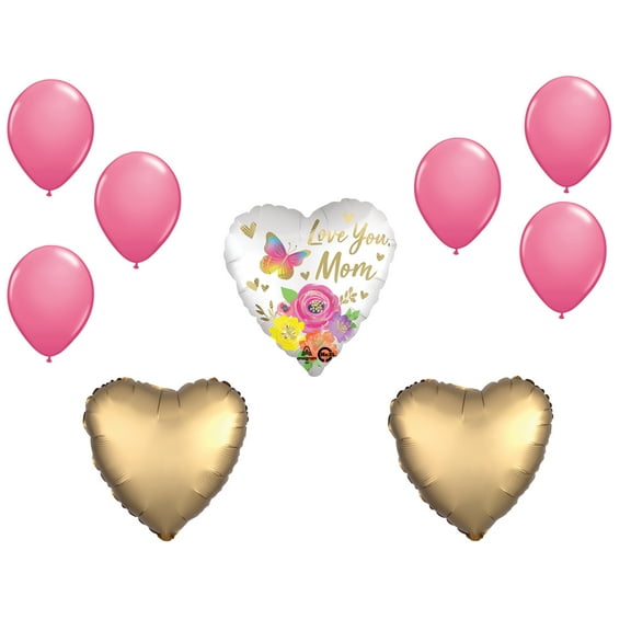 LOONBALLOON Mother's Day Theme Balloon Set, Standard Size Heart Shape Love You Mom Satin Floral Balloons and 6x Latex Balloons