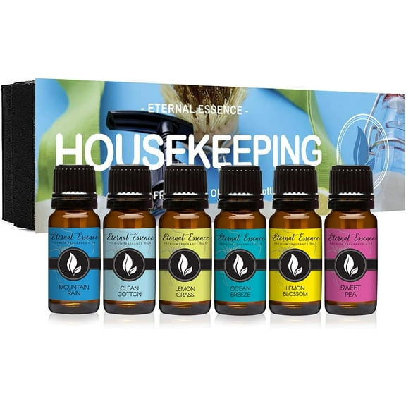 Housekeeping - Gift Set of 6 Premium Fragrance Oils - Clean Cotton, Lemon Blossom, Lemon Grass, Sweet Pea, Ocean Breeze and Mountain Rain - 10ML