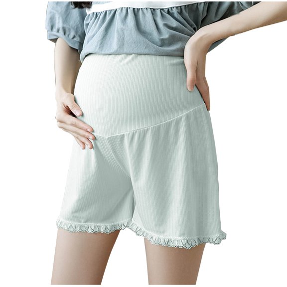 FAVIPT Womens Maternity Shorts Plus Size Ice Silk Over Belly Lace Hem Ribbed Shorts Solid Lightweight Anti-Chafing Short Pants Green,L
