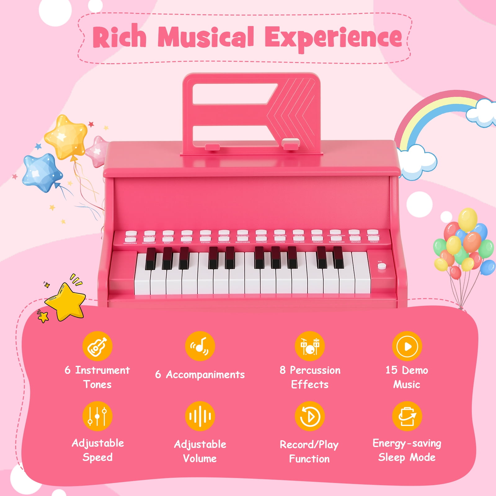 Gymax 25 Keys Digital Piano w/Music Stand Teaching Mode Lighted Keys 6 Instruments Pink